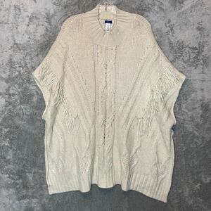 Apt 9 Women Cream Fringe Cable Chunky Knit Pullover Poncho Dolman Sweater OS